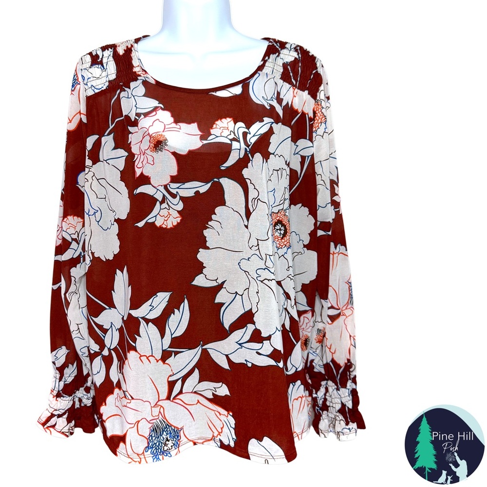 Apt 9 Blouse w/ Tank Top Shell 2 pc XL Brown Ivory Floral Semi Sheer Long Sleeve